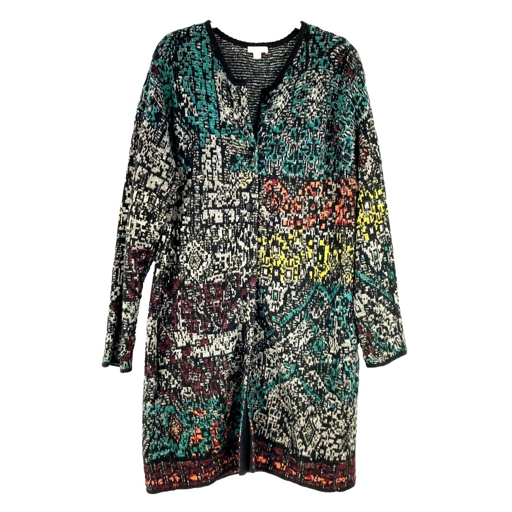 J Jill Boho Wool Blend Mosaic Long Cardigan Sweater Women M Rainbow Jacquard Art